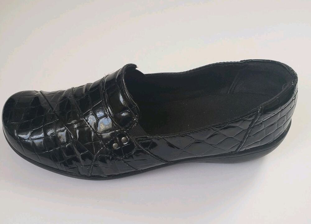Clarks Women 10 May Marigold Black Patent Croc Slip On Loafer Shoes Comfort